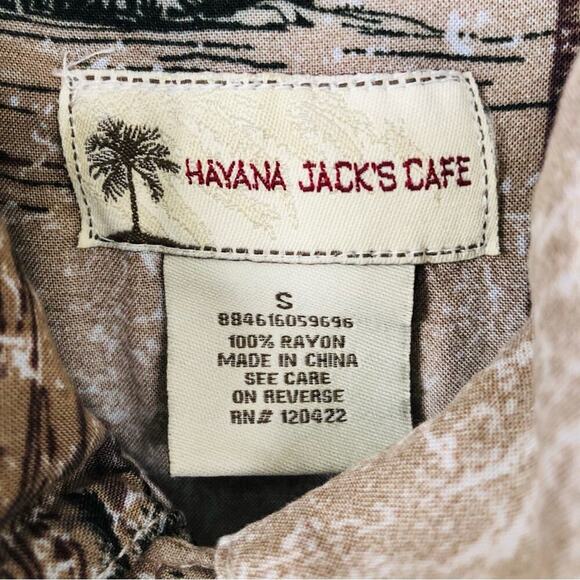 Havana Jack’s Cafe Hawaiian Shirt Small Aloha Tan Palm Tree Beach Coconut Bttns - Picture 7 of 9